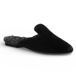 BIRDIES Phoebe Black Velvet Faux Fur Slip On Backless Mules Flats Women’s 6.5